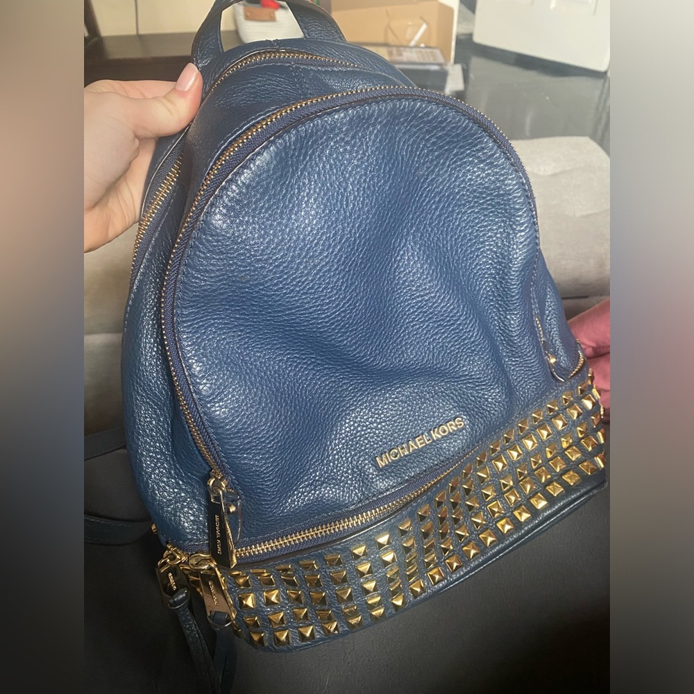 Michael Kors Navy Blue and Gold Studded Backpack Purse